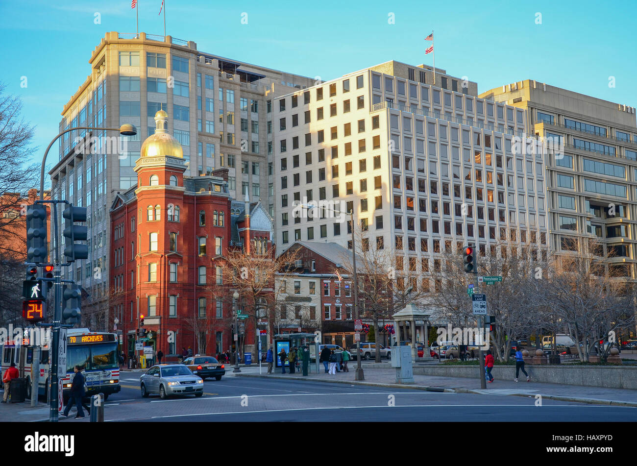 This cluster of surviving buildings range in dates from the 1840s to the 1890s and is in Penn Quarter, Washington DC. Stock Photo