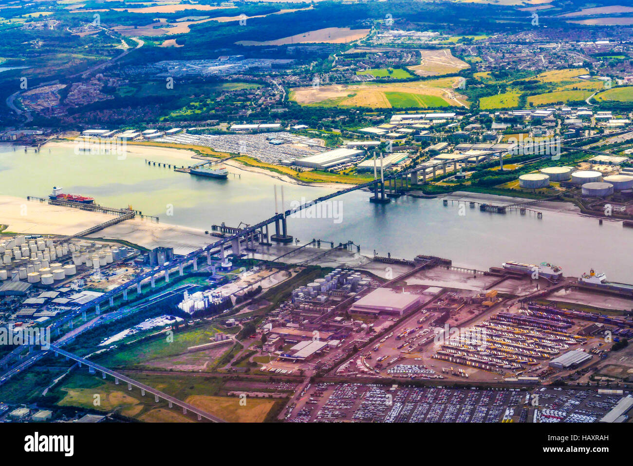 The Dartford Bridge Crossing over the river Thames looking North, Essex