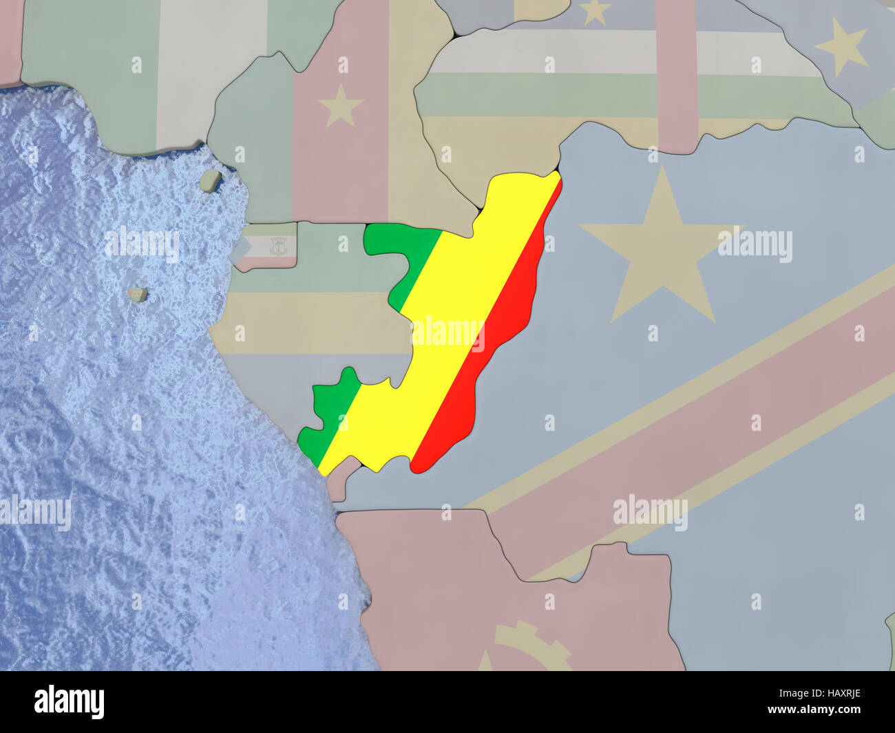 Map of Congo with national flag on political globe with realistic water ...
