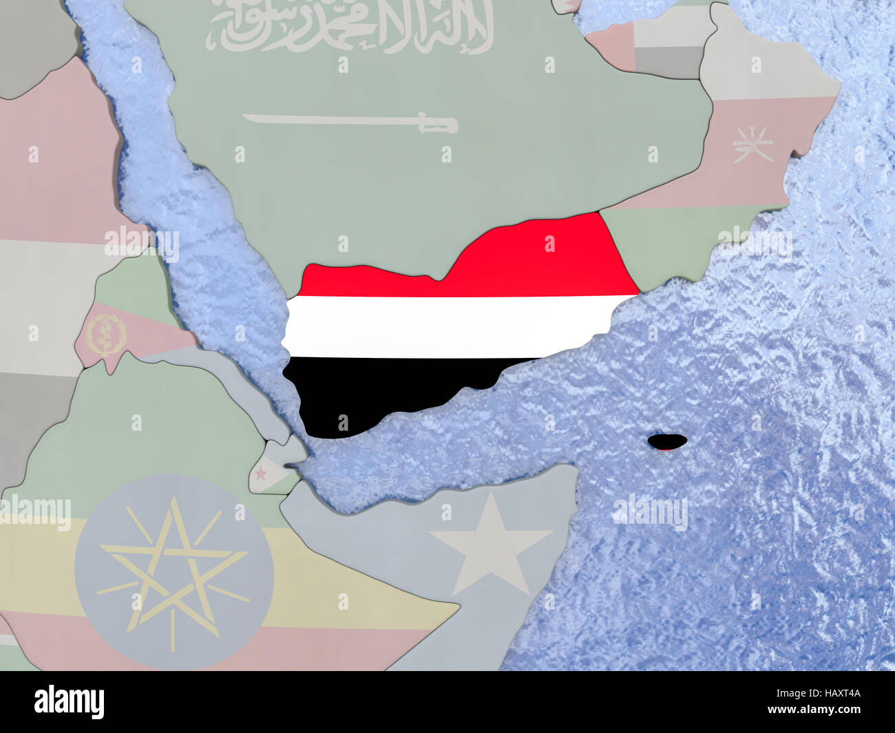 Map of Yemen with national flag on political globe with realistic water ...