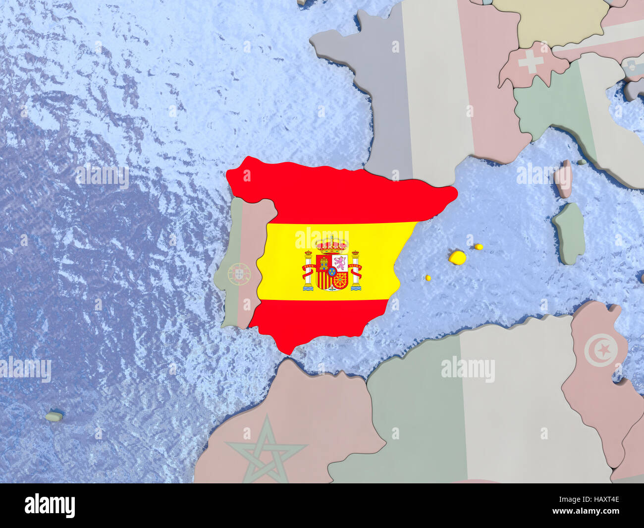 Map of Spain with national flag on political globe with realistic water ...