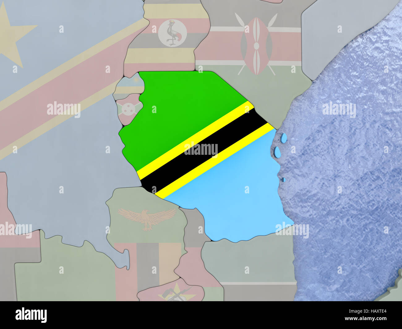 Map of Tanzania with national flag on political globe with realistic ...