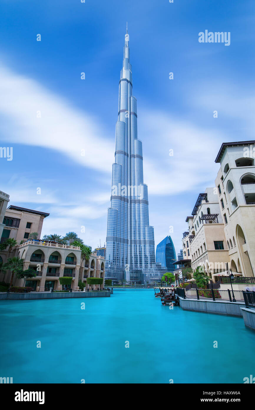 DUBAI FINANCIAL CENTER,UNITED ARAB EMIRATES-FEBRUARY 29, 2016: View on Burj Khalifa (hight 828 m) in center of Dubai,United Arab Emirates Stock Photo