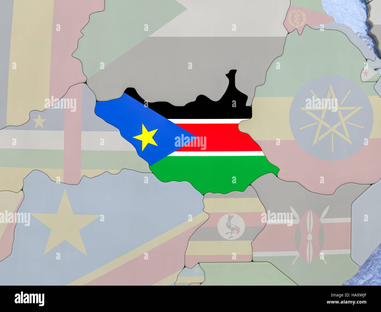 Map of South Sudan with national flag on political globe with realistic ...