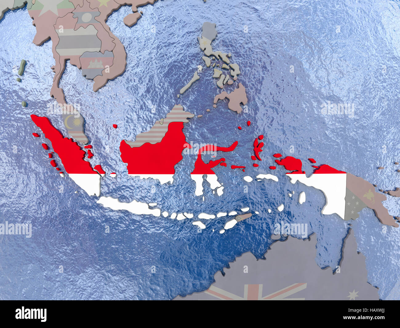 Map of Indonesia with national flag on political globe with realistic water. 3D illustration Stock Photo