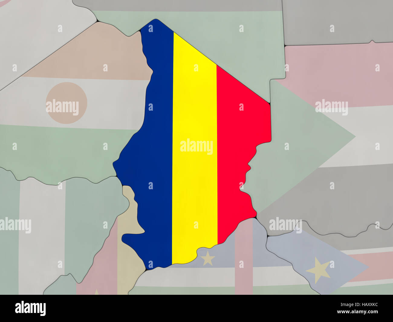 Map of Chad with national flag on political globe with realistic water ...