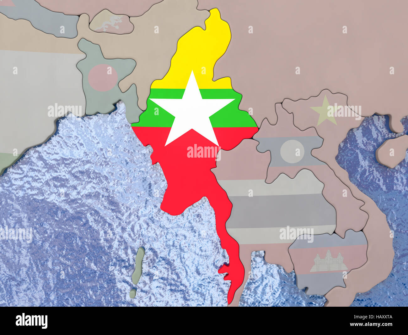 Map of Myanmar with national flag on political globe with realistic ...