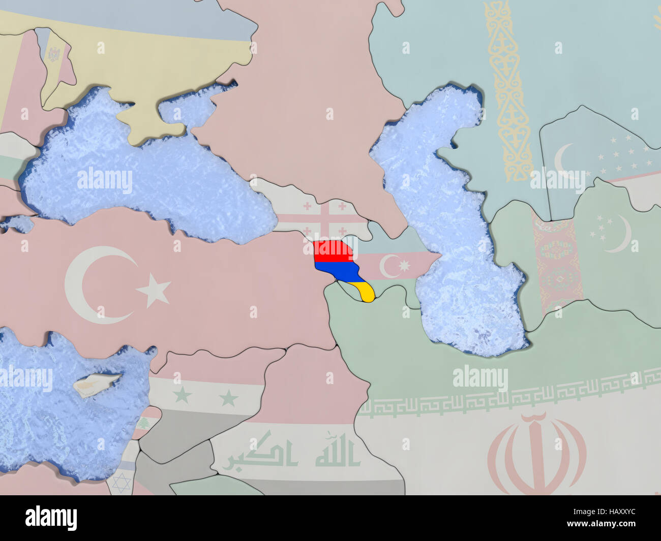 Map of Armenia with national flag on political globe with realistic ...