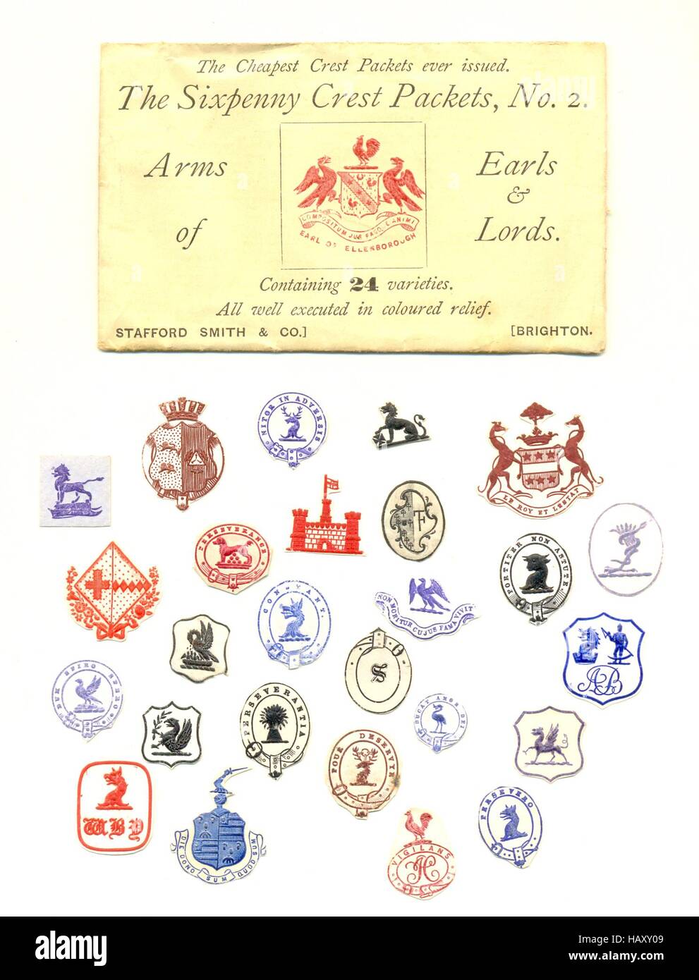 Sixpenny Crest Packet containing coloured relief crests of Arms of Earls & Lords Stock Photo