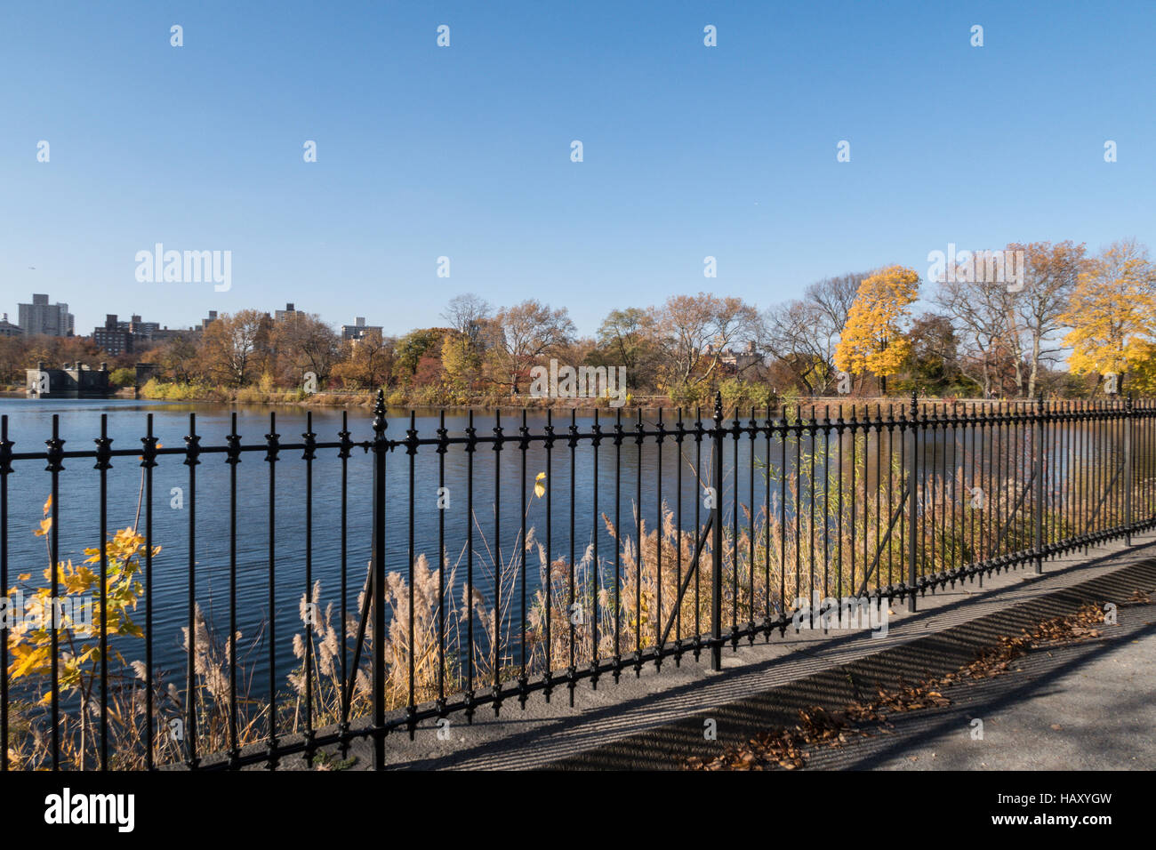 The reservoir running track in central park in the fall, NYC Stock