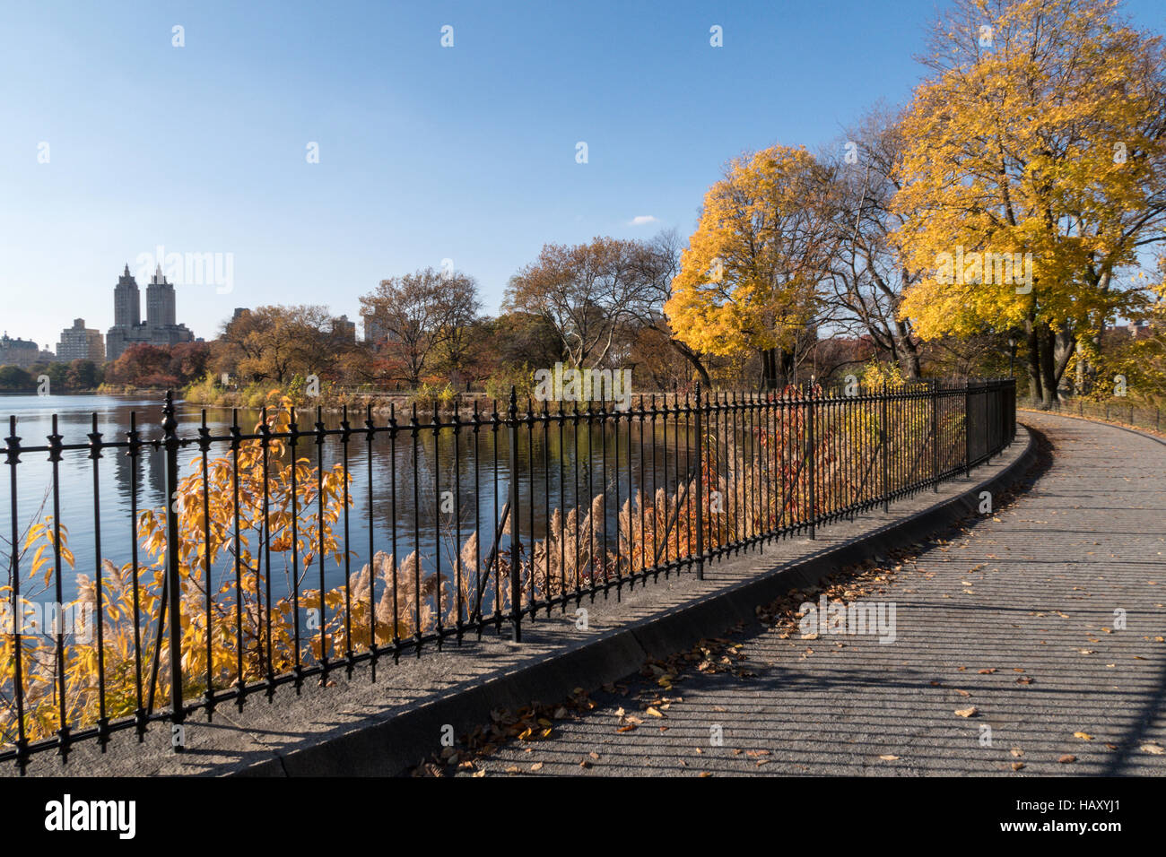 The reservoir running track in central park in the fall, NYC Stock