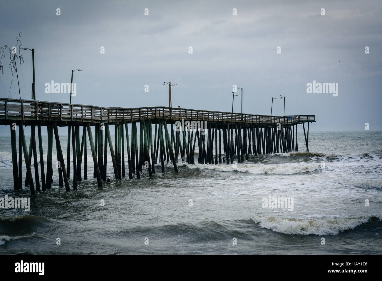 Waves in the Atlantic Ocean and the Fishing Pier in Virginia Beach