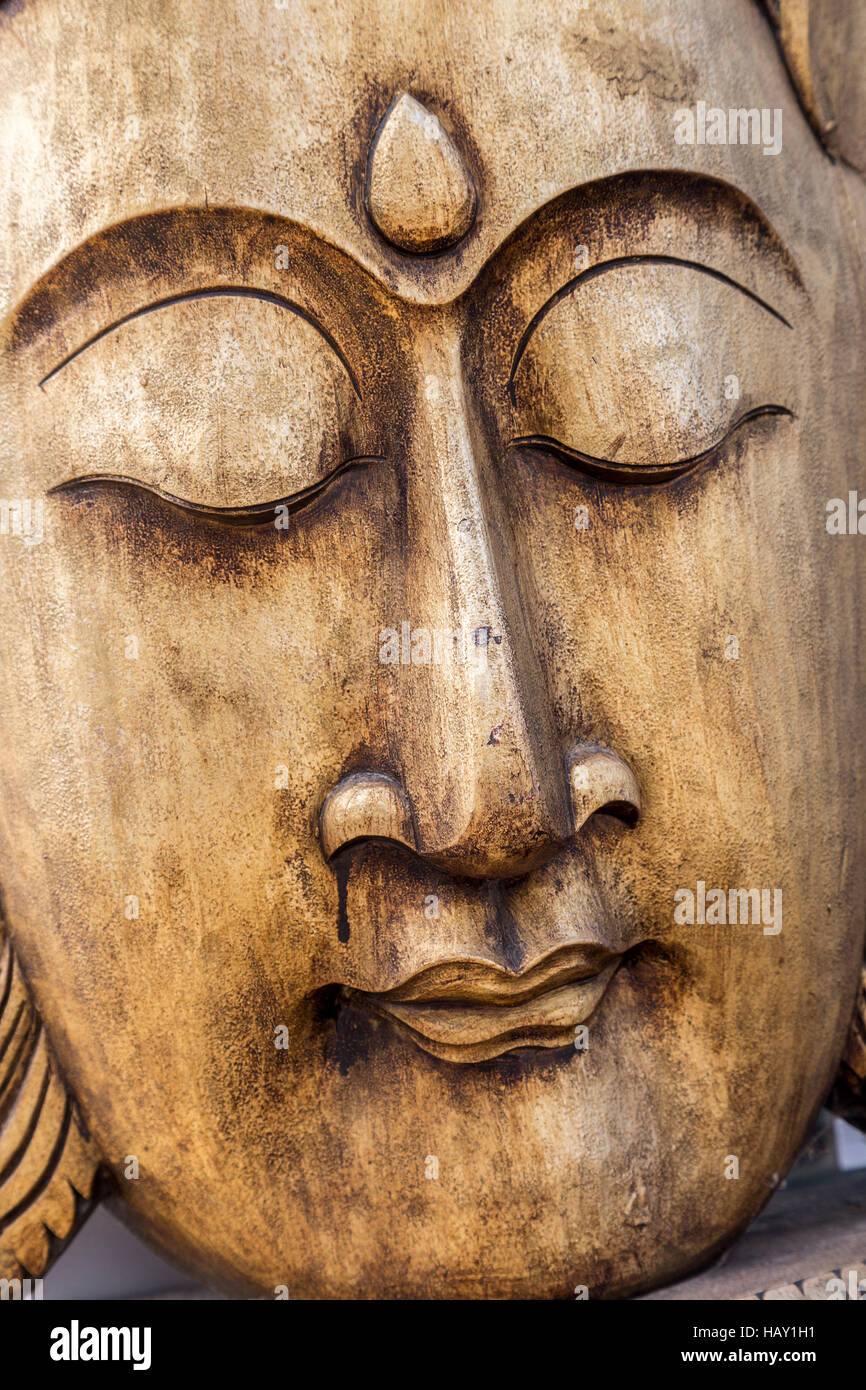 Buddha face in statue with mark on forehead, Praia da Rocha, Algarve, Portugal Stock Photo