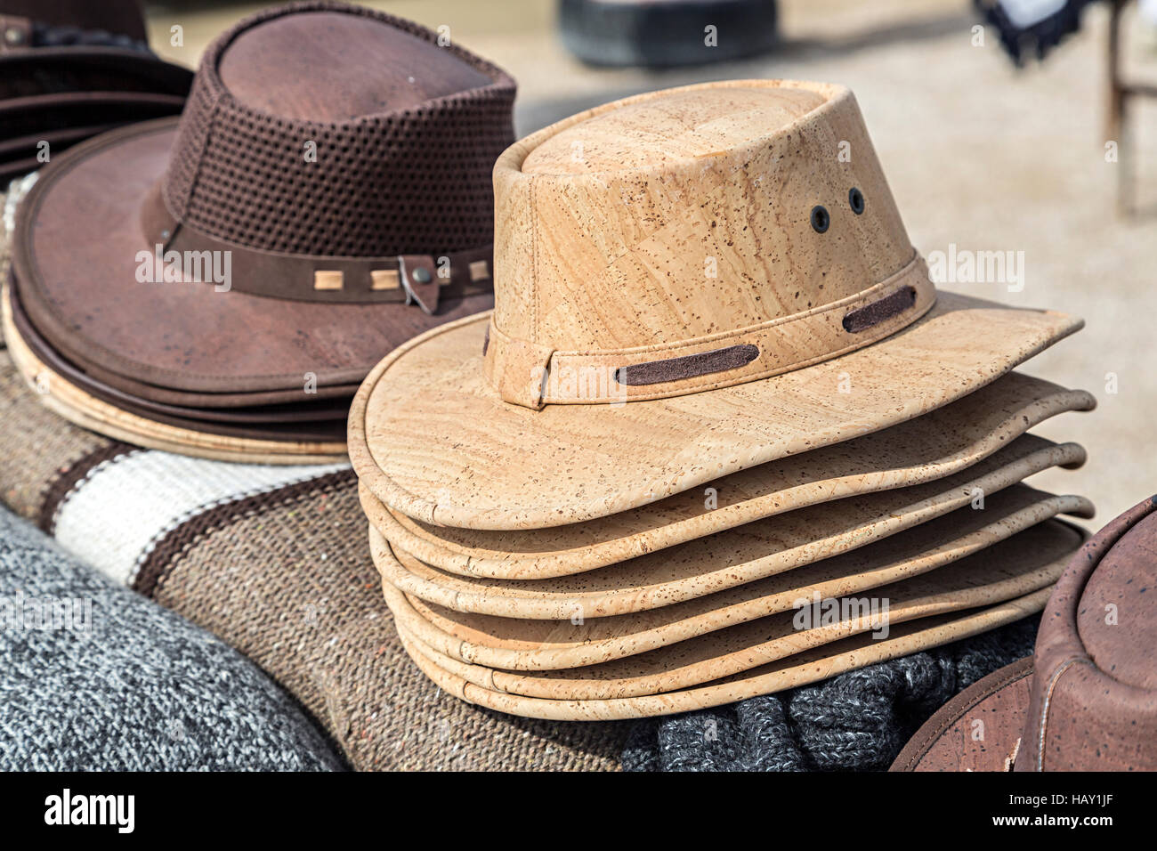 Cork hats on sale at market stall, Cabo de Sao Vicente, Cape St Vincent, Algarve, Portugal Stock Photo