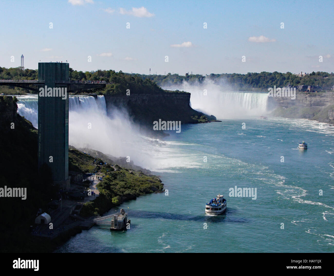 View of both the American and Canadian Falls at Niagara Falls from the Rainbow Bridge connecting New York and Ontario sides Stock Photo