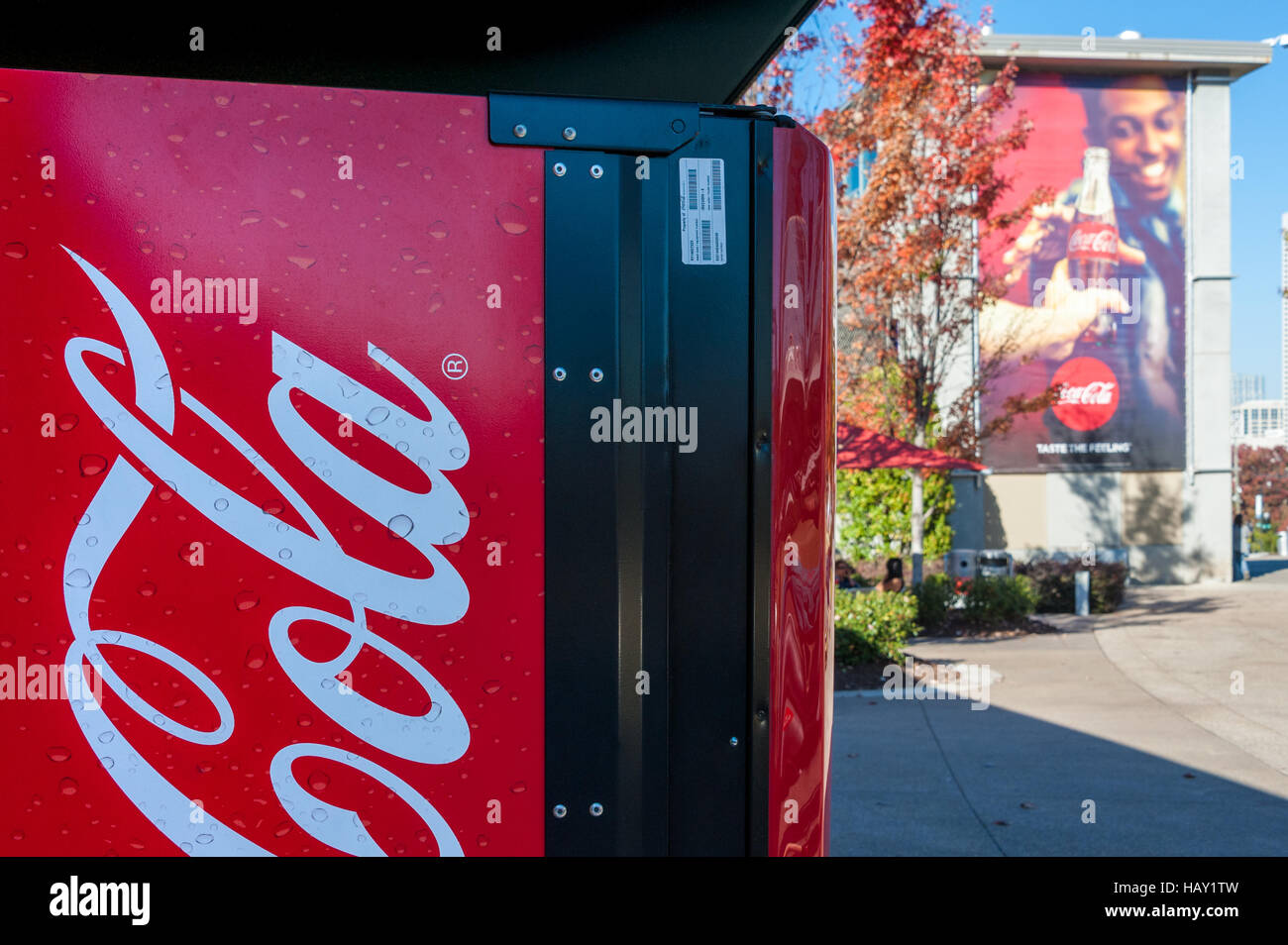 Coca-Cola branding and marketing at World of Coca-Cola in downtown Atlanta, Georgia along Centennial Olympic Park. Stock Photo
