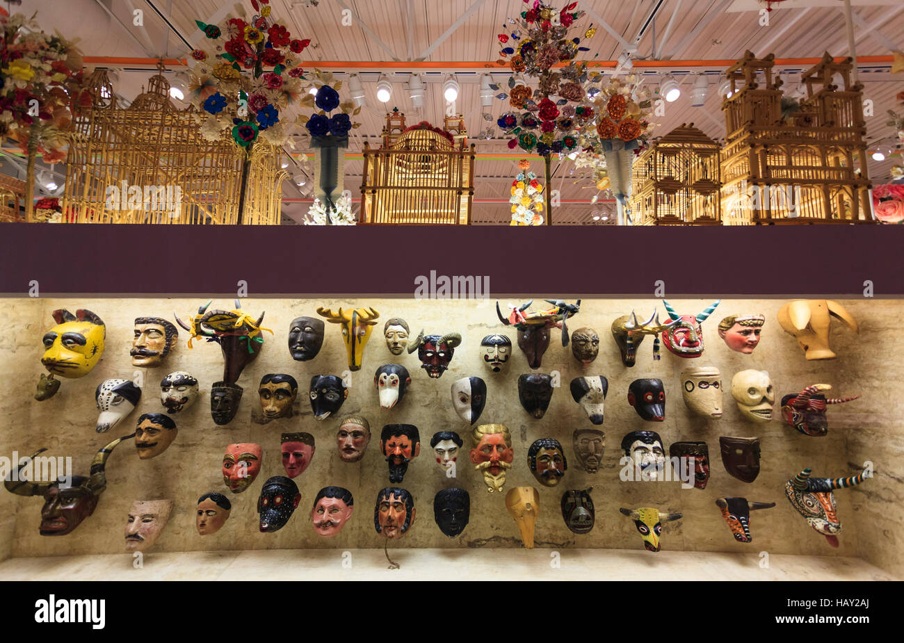 A display of Guatemalan Dance Masks at the Museum of International Folk Art on Museum Hill in Santa Fe New Mexico USA. Stock Photo