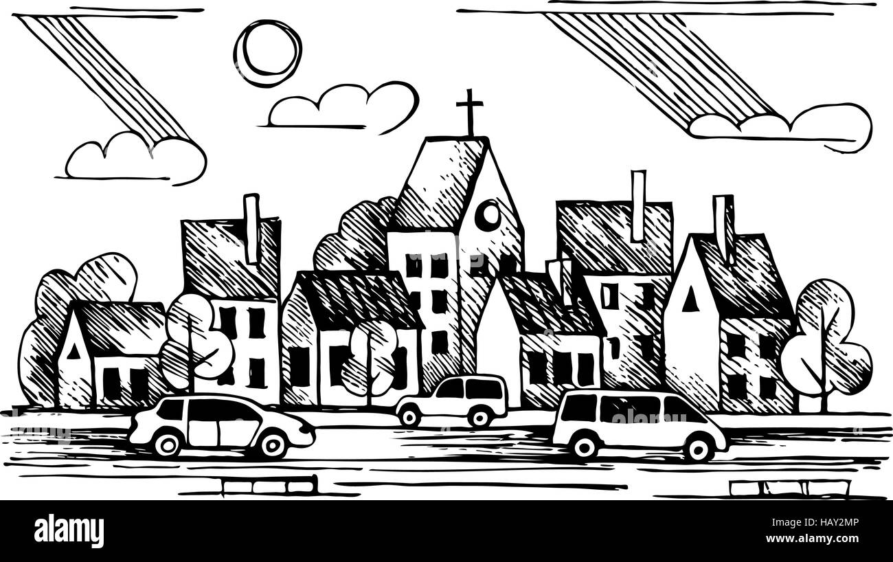 church cars clouds vector