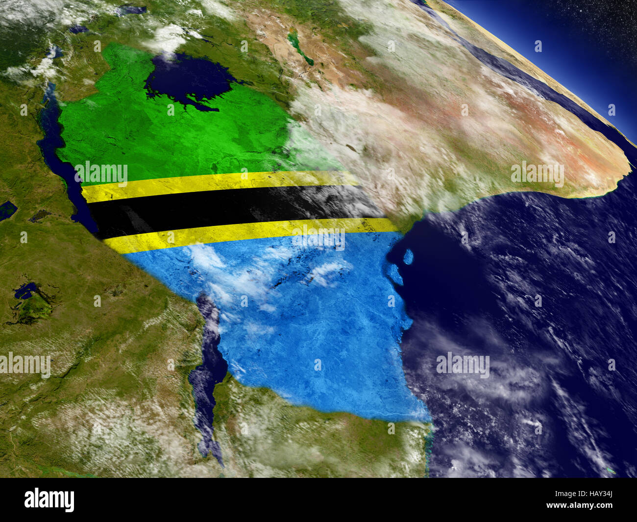 Flag of Tanzania on planet surface from space. 3D illustration with ...