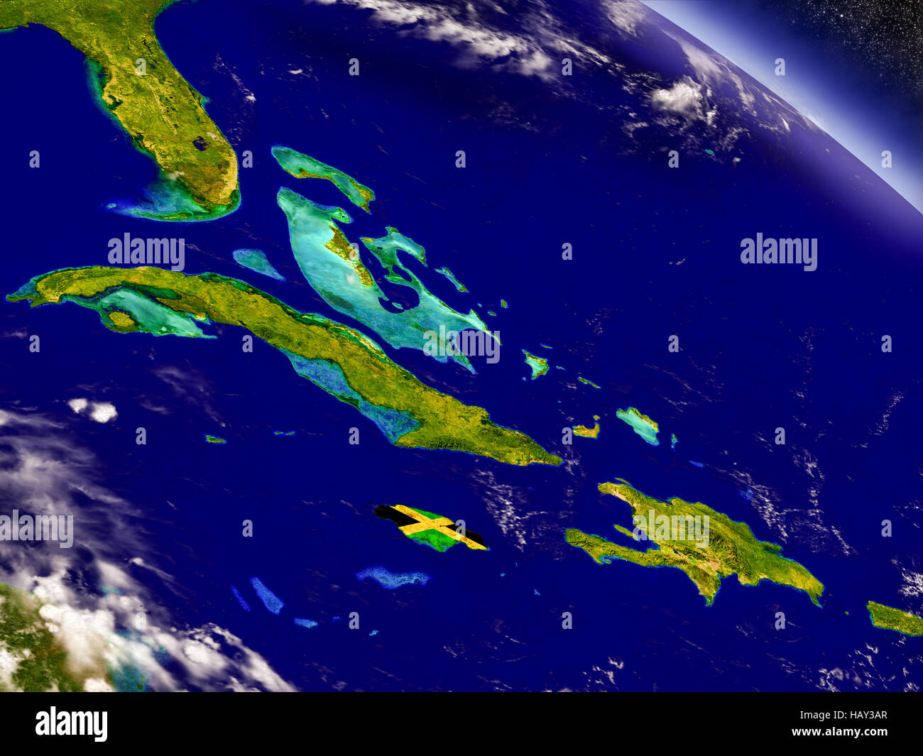Flag of Jamaica on planet surface from space. 3D illustration with ...