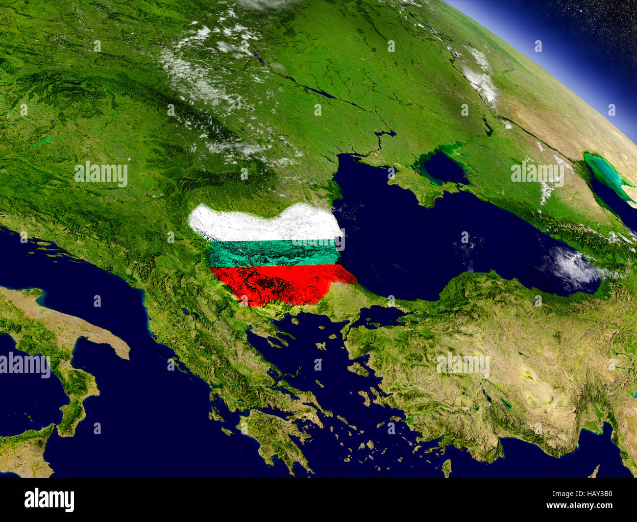 Flag of Bulgaria on planet surface from space. 3D illustration with highly detailed realistic planet surface and clouds in the atmosphere. Elements of Stock Photo