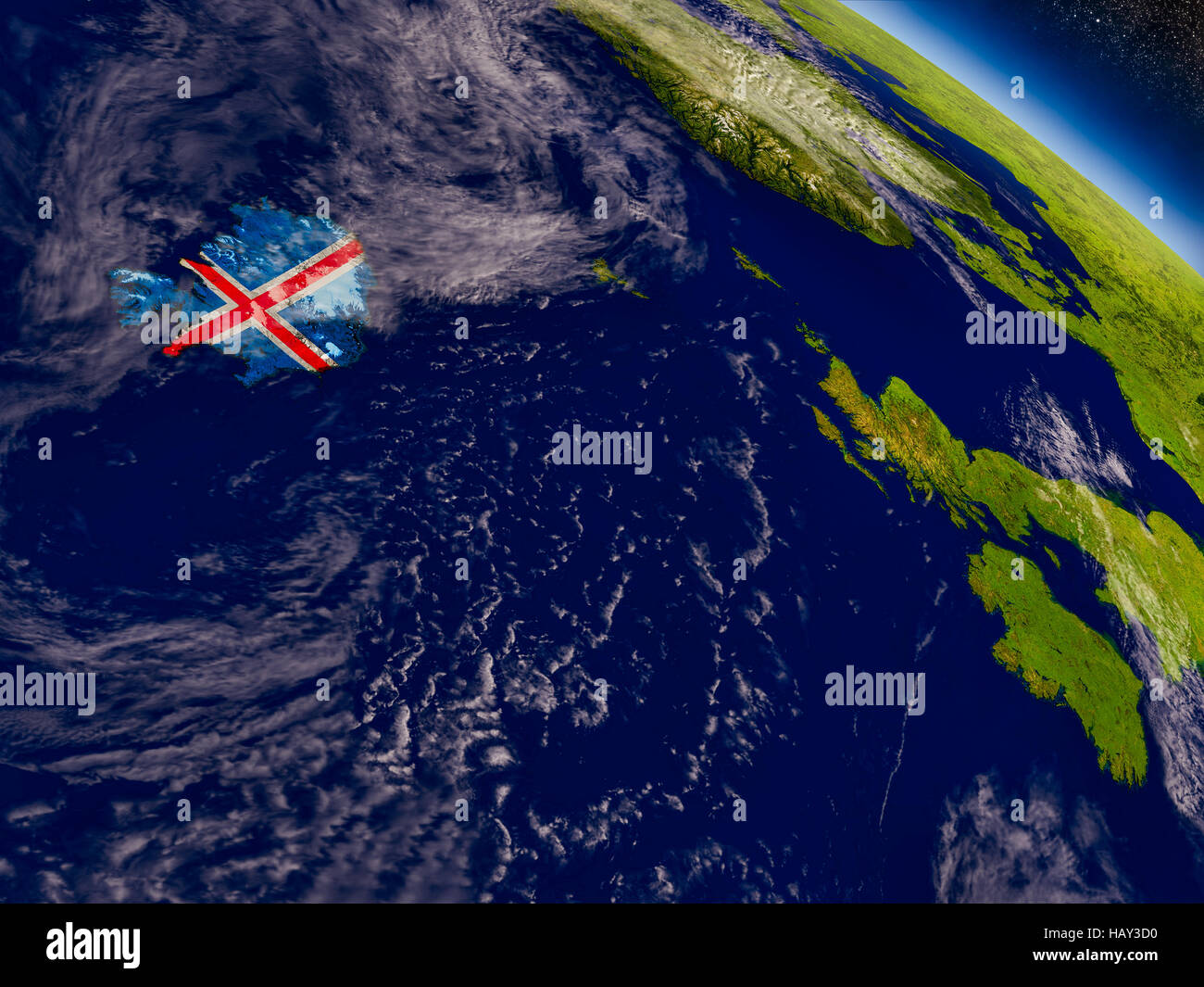 Flag of Iceland on planet surface from space. 3D illustration with ...