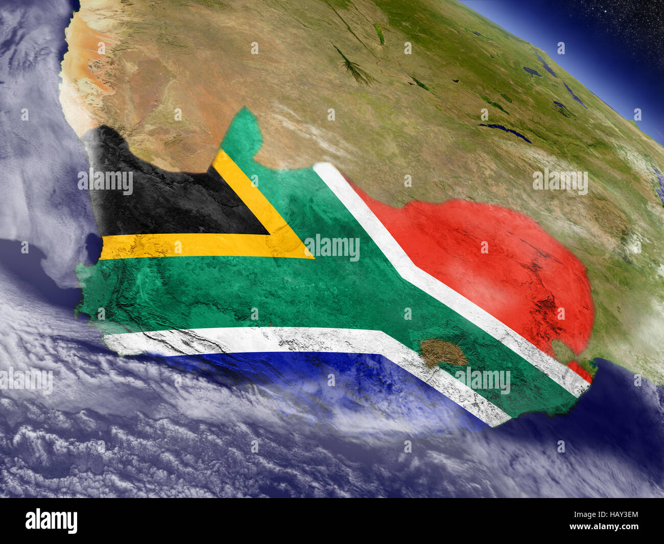 Flag of South Africa on planet surface from space. 3D illustration with ...