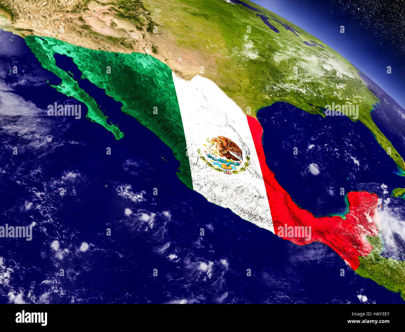 Flag of Mexico on planet surface from space. 3D illustration with ...