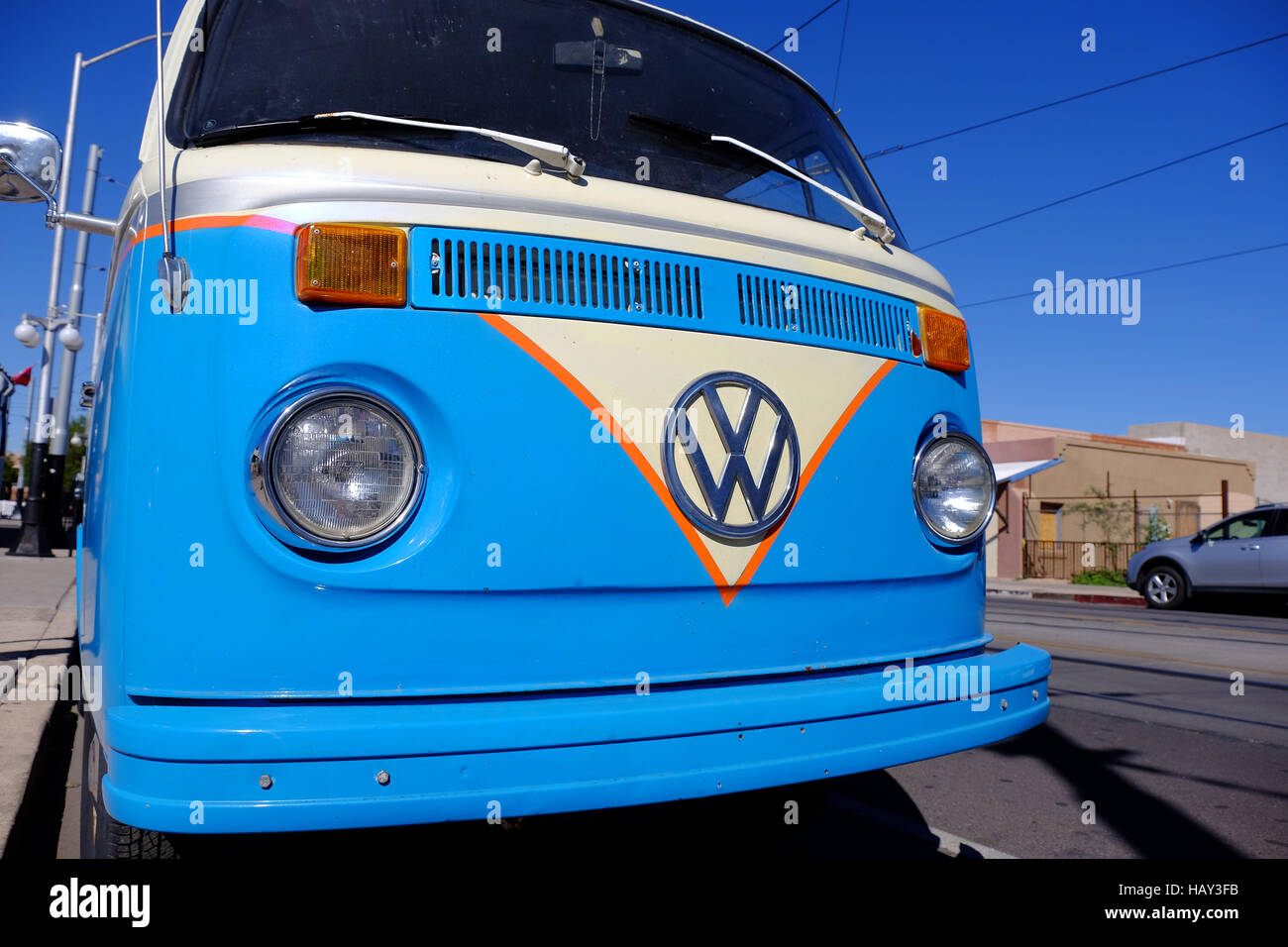 An old Volkswagen bus on the roadside in Tucson, Arizona. Stock Photo
