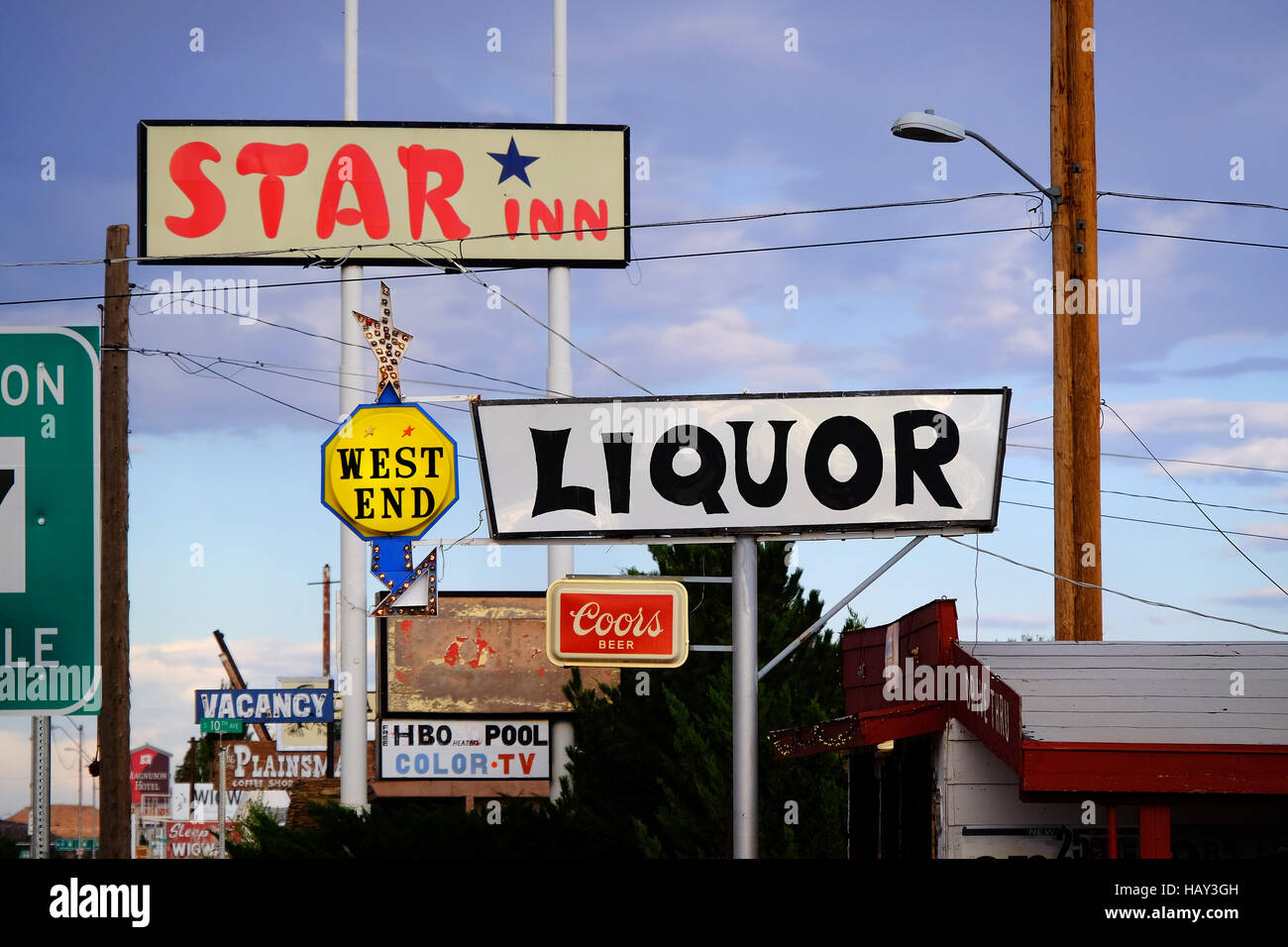 Historic neon signs along the highway on route 66 in Holbrook, Arizona