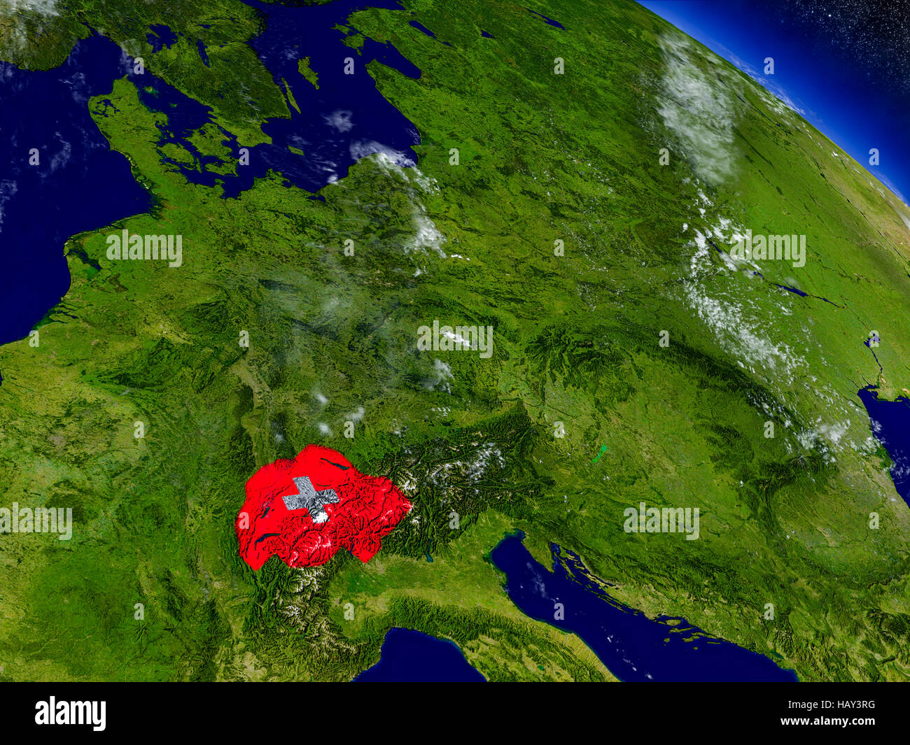Flag of Switzerland on planet surface from space. 3D illustration with ...