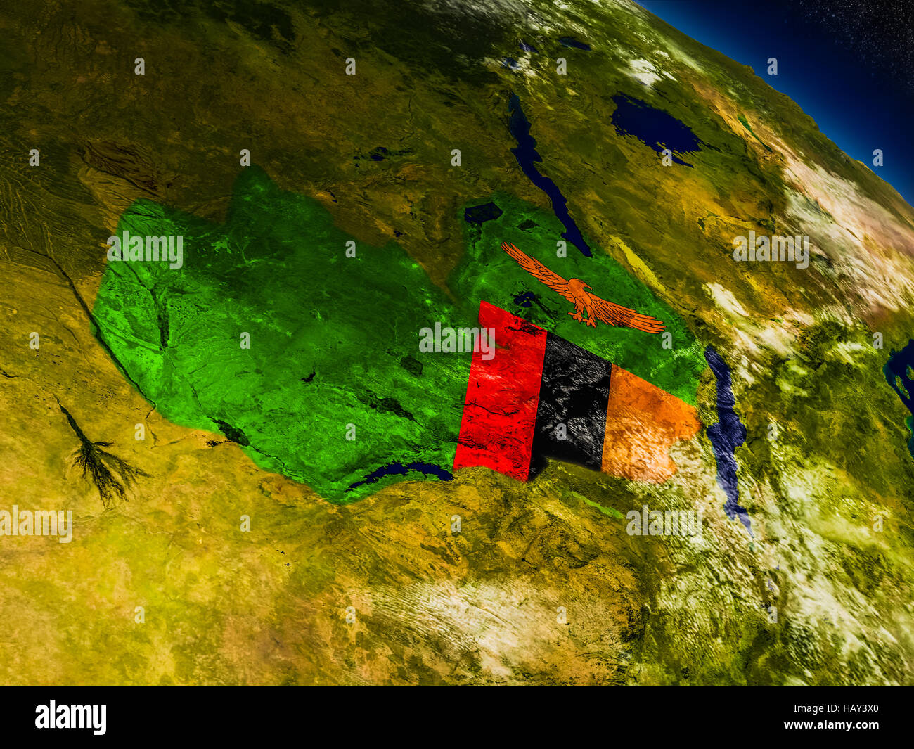 Flag of Zambia on planet surface from space. 3D illustration with ...