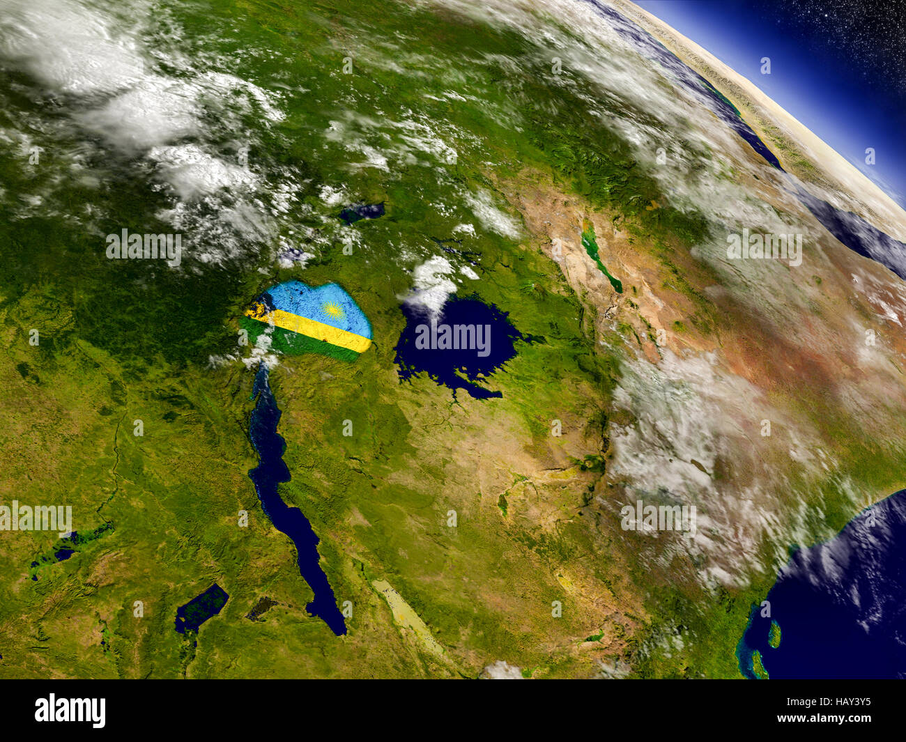 Flag of Rwanda on planet surface from space. 3D illustration with ...