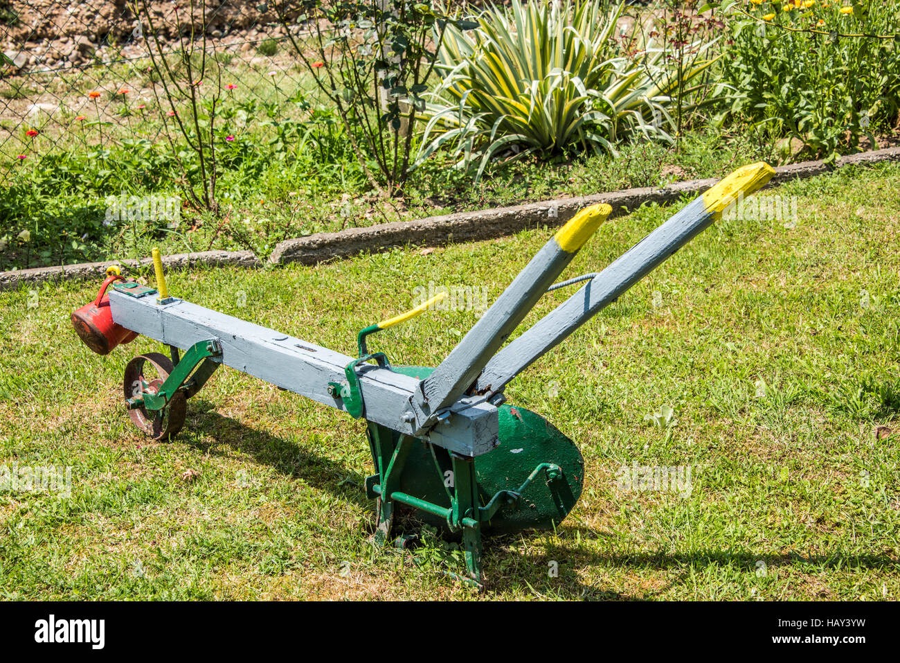 horse drawn plow garden backyard decoration Stock Photo Alamy