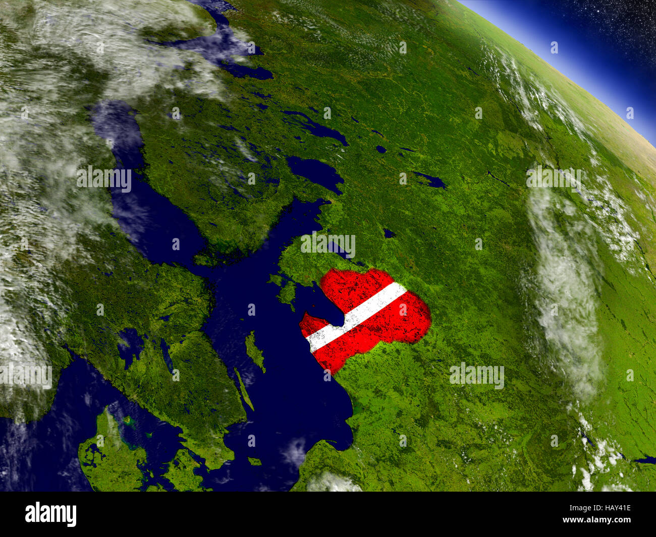 Flag of Latvia on planet surface from space. 3D illustration with ...