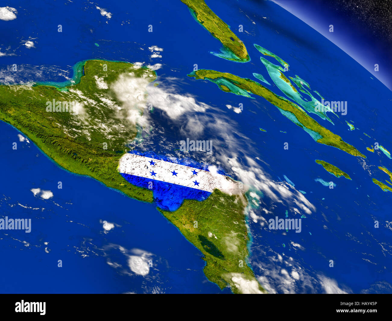 Flag of Honduras on planet surface from space. 3D illustration with highly detailed realistic planet surface and clouds in the atmosphere. Elements of Stock Photo