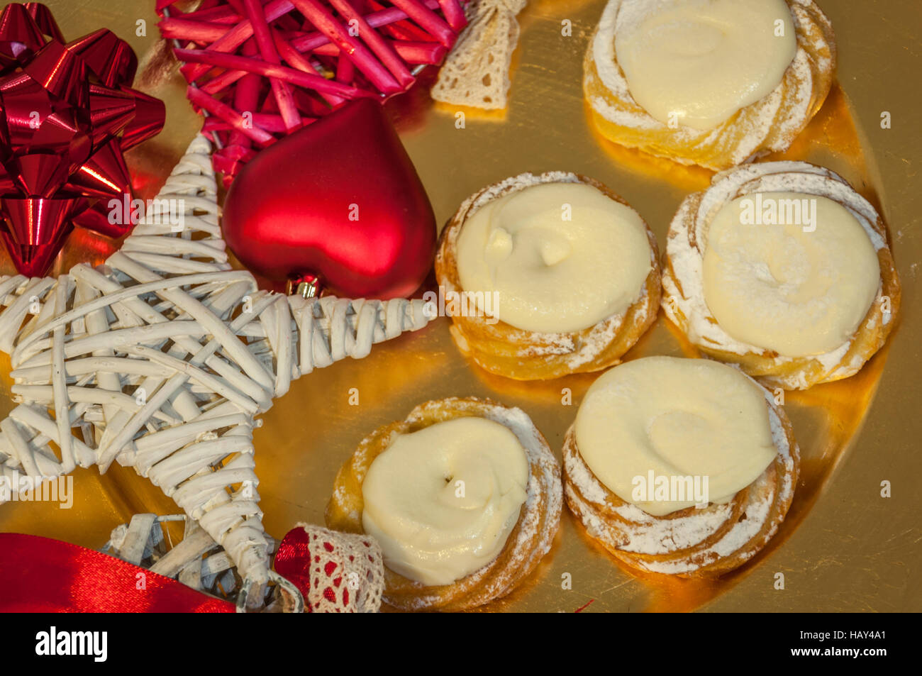Christmas Desserts On Golden Plate With Festive Decoration Stock