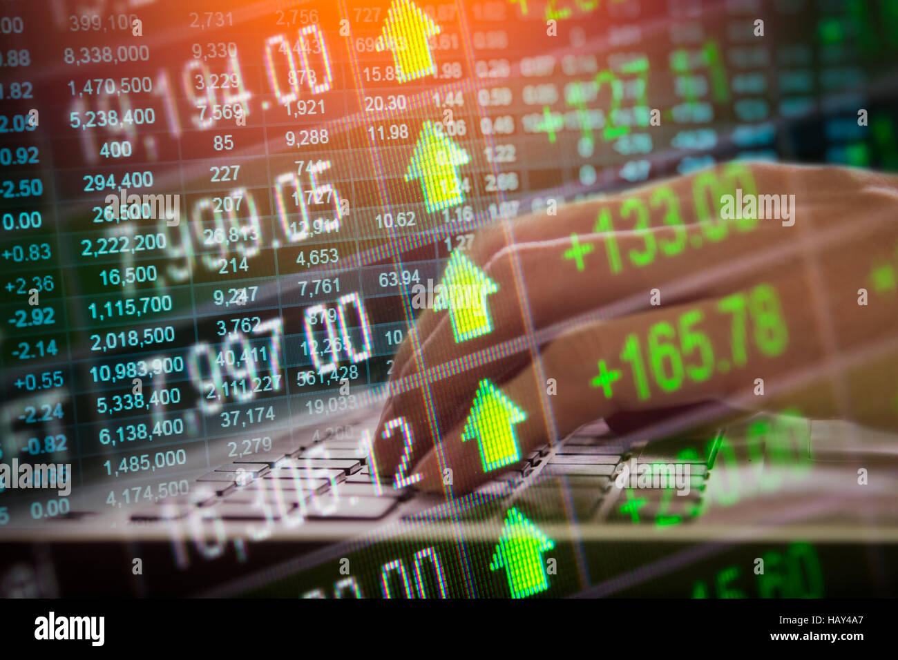 Stock market indicator and financial data view from LED. Double explosure financial graph and