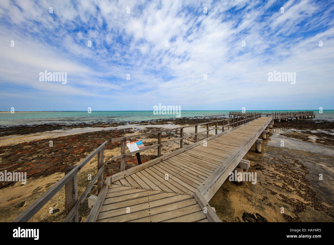 The boardwalk overlooking the stromatolites at Hamelin Pool Marine Nature Reserve. Shark Bay, Western Australia Stock Photo