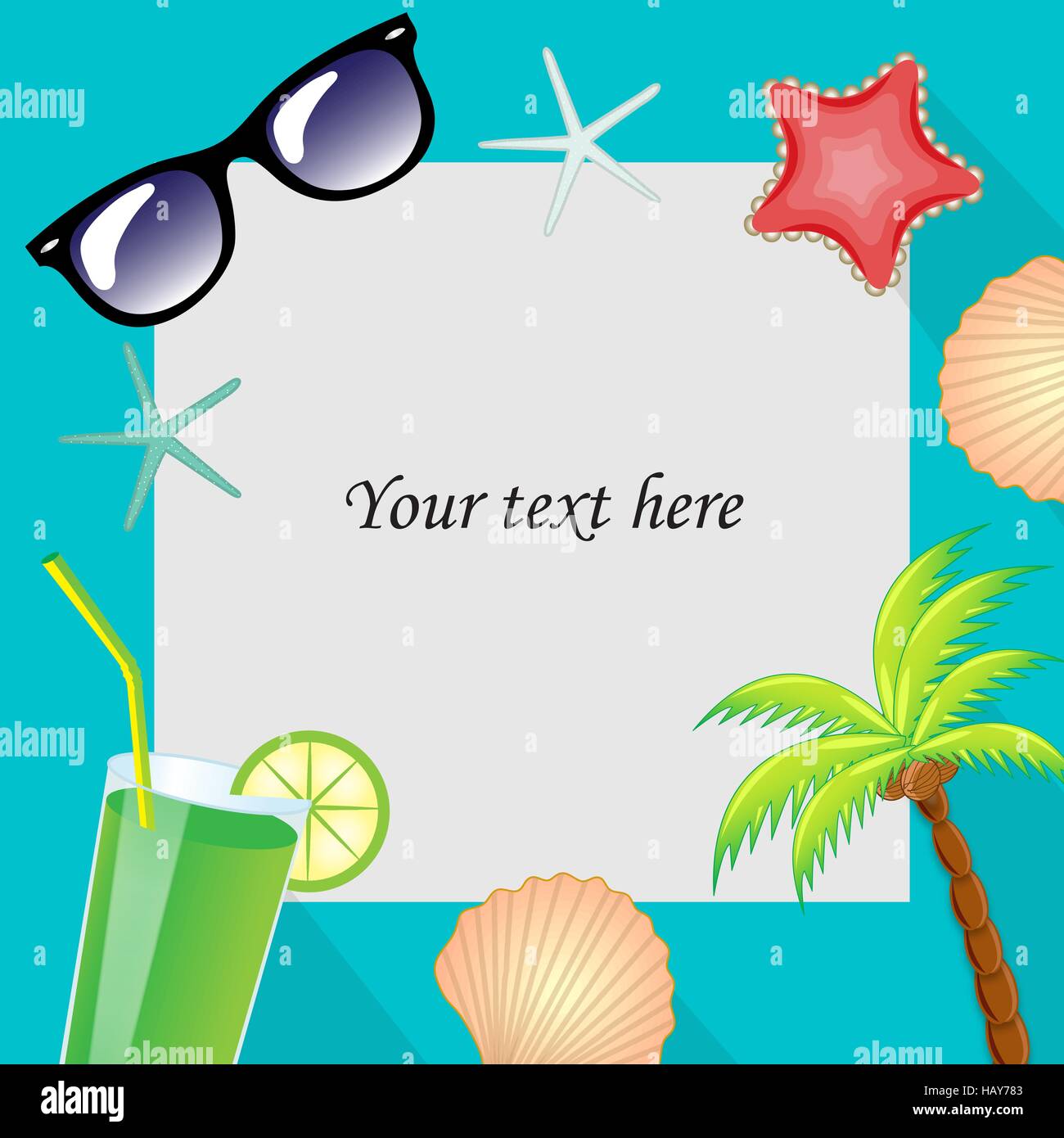 Summertime traveling template with beach summer accessories. Summer template for the text frame. vector illustration. Stock Vector