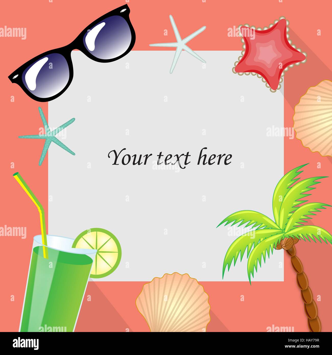 Summertime traveling template with beach summer accessories. Summer template for the text frame. vector illustration. Stock Vector