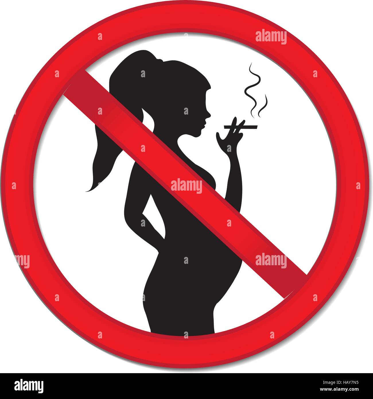 Pregnancy no smoking. Red prohibition sign-pregnant woman with a cigarette. Warning sign for no smoking during pregnancy Stock Vector