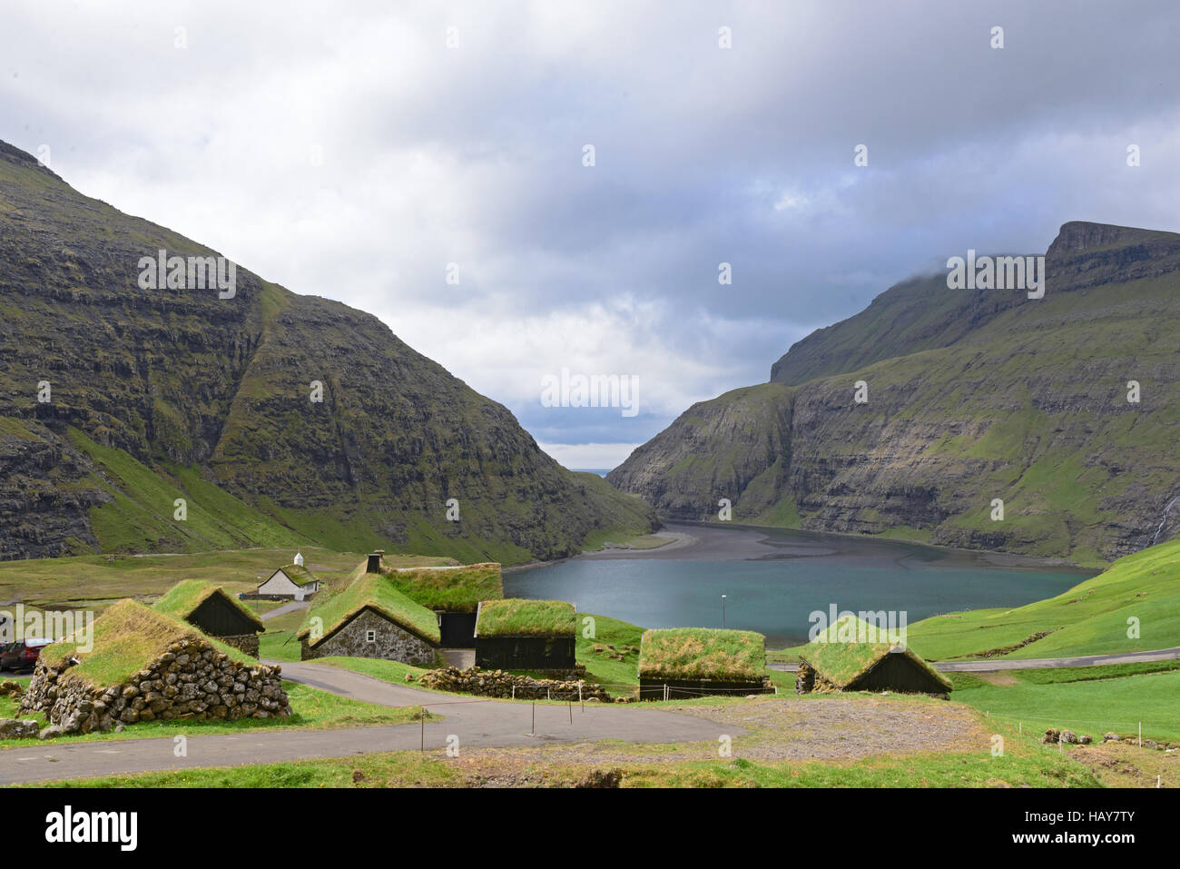 The pictoresque village of Saksun with the turf roofs, Faroe Islands, Denmark Stock Photo