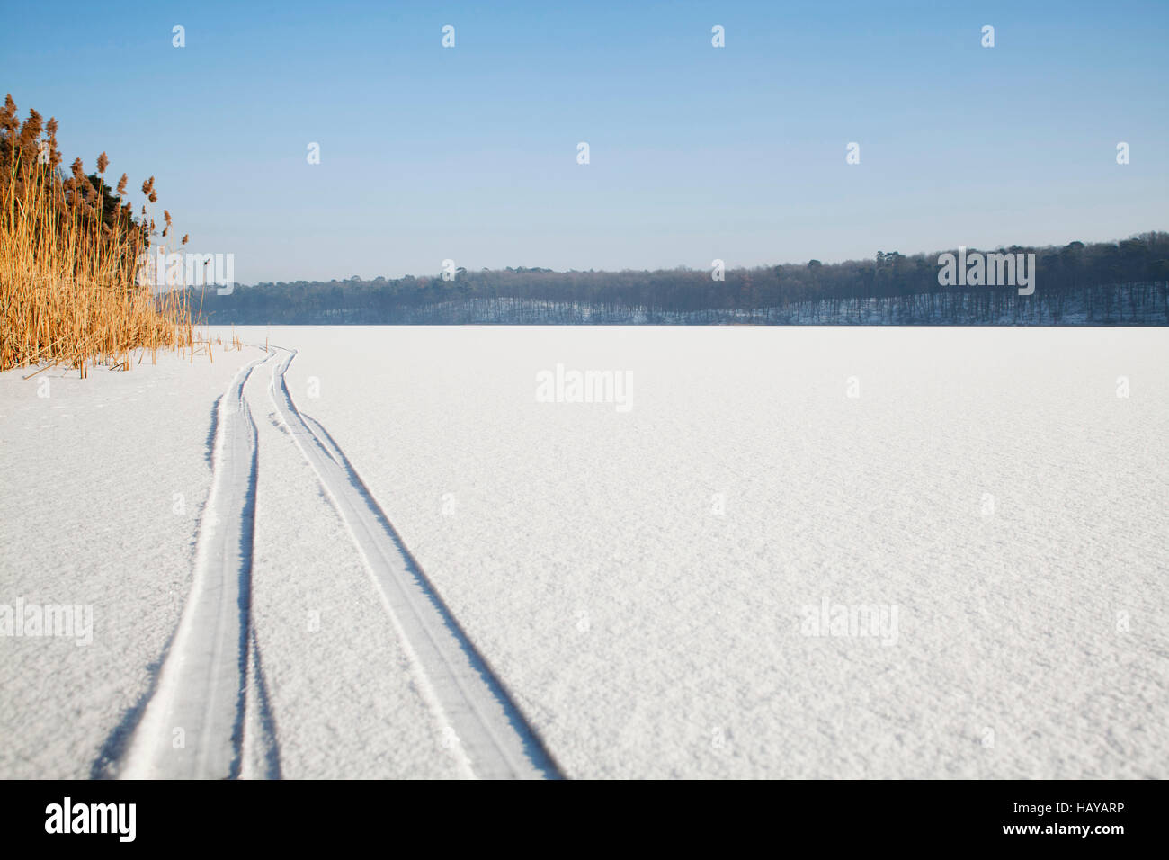 traces of ski on snow cover, beautiful winter landscape Stock Photo
