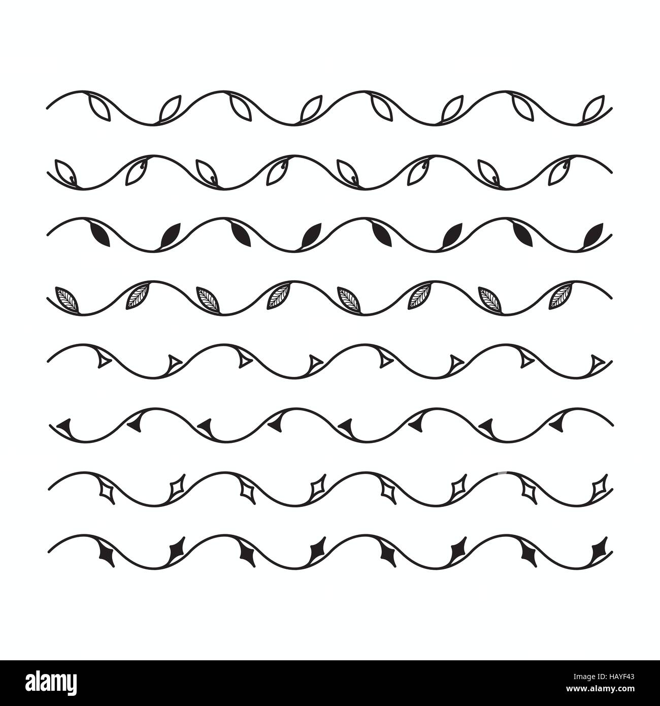 Wavy line with leaves for design. Set of vector borders and Stock