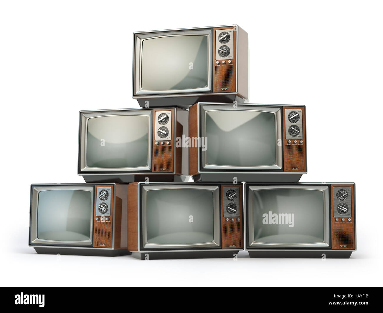 Heap of retro TV sets isolated on white background. Communication, media and television concept. 3d illustration Stock Photo