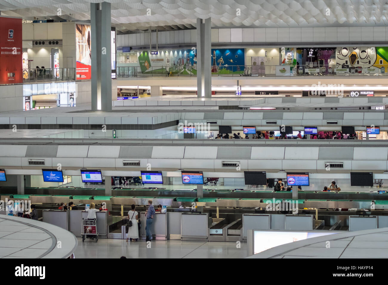 Airport check in counters at Terminal Two, Hong Kong Airport, November 2016 Stock Photo