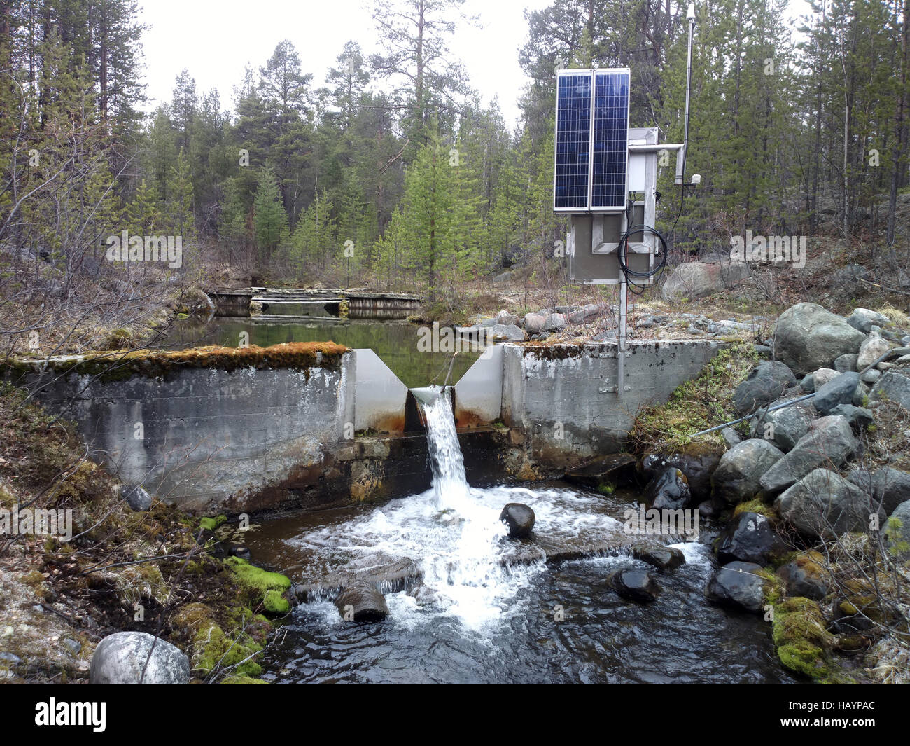 Science. Hydrological research, hydrological station. Measurement of water flow, flood prevention, . Devices for study of runoff of small rivers and t Stock Photo