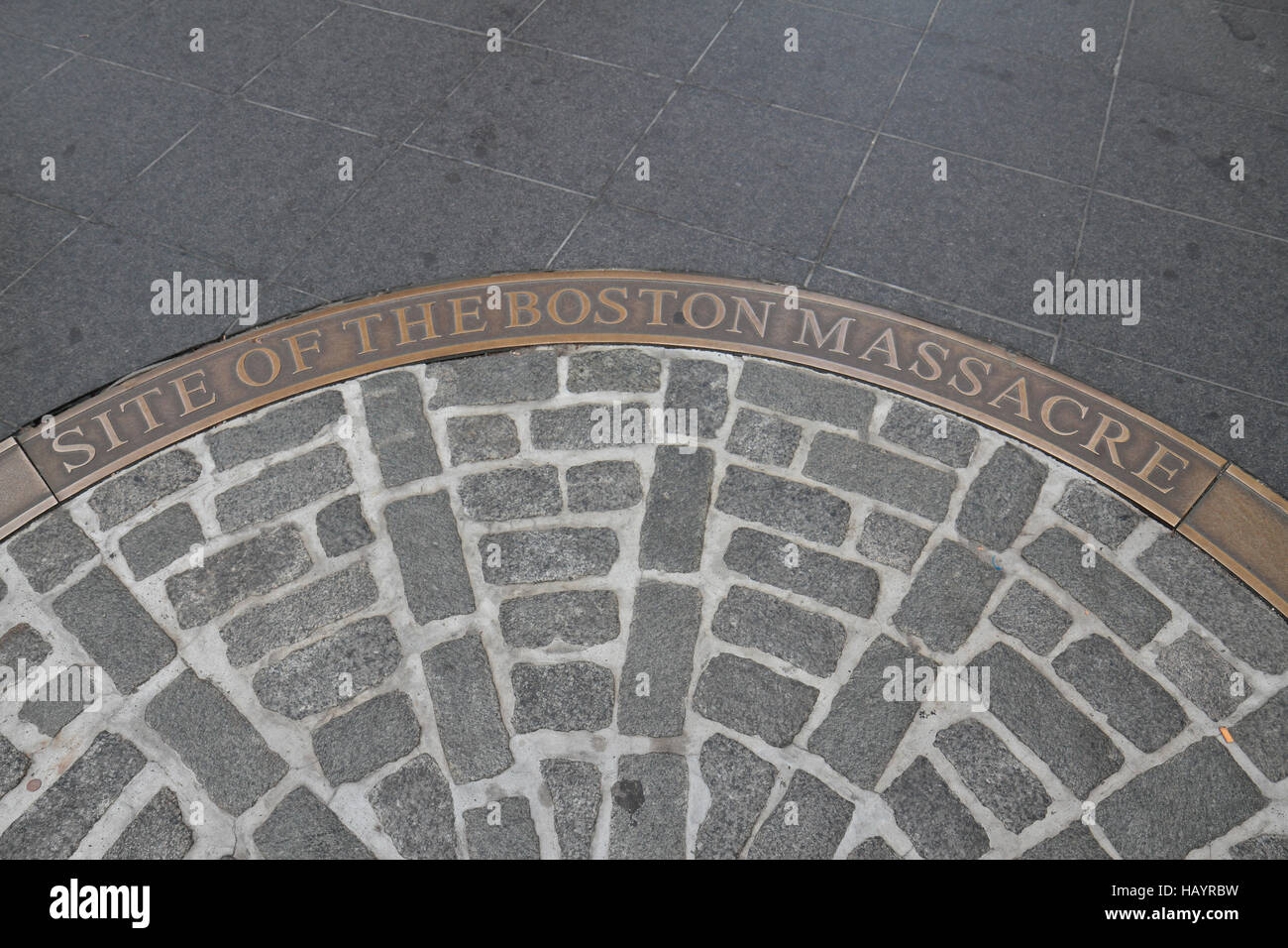 The stone cobbles marking the 'Site of the Boston Massacre' on 5th March 1770, outside the Old State House, Boston. MA. Stock Photo