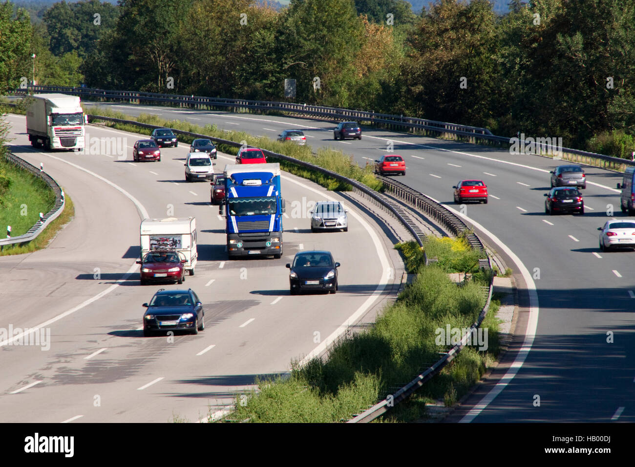 Highway, traffic lanes, traffic, trucks Stock Photo